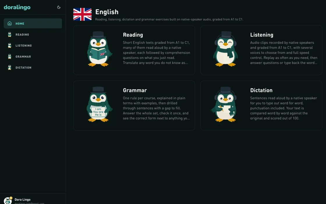The Doralingo web app home with the four skills: reading, listening, grammar and dictation