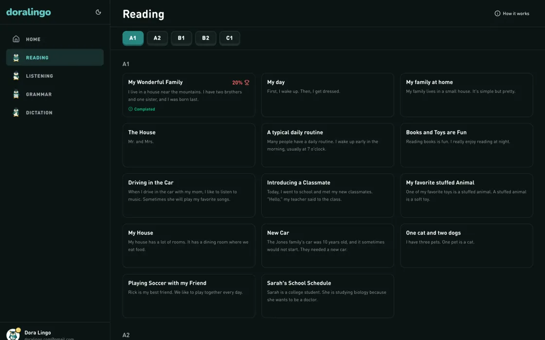 The reading courses in the Doralingo web app, grouped by CEFR level