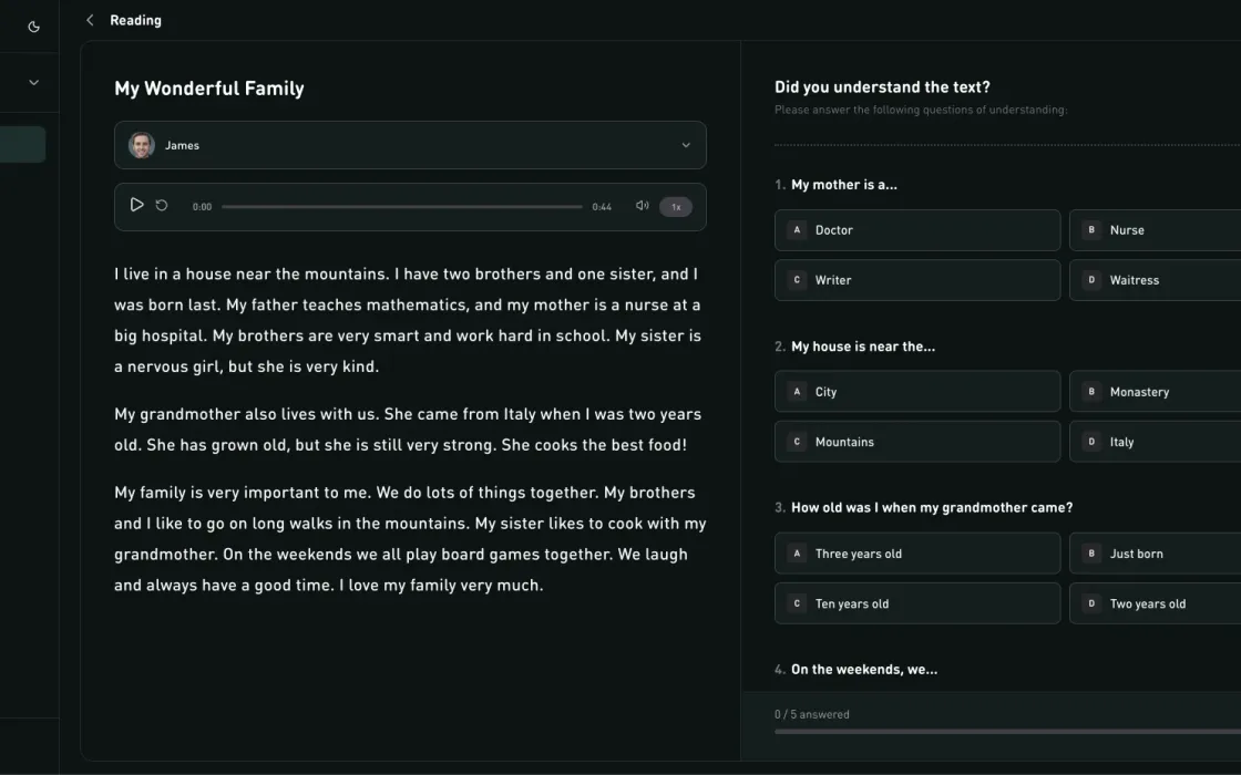 A reading lesson in the Doralingo web app: the text, the narrator and the questions
