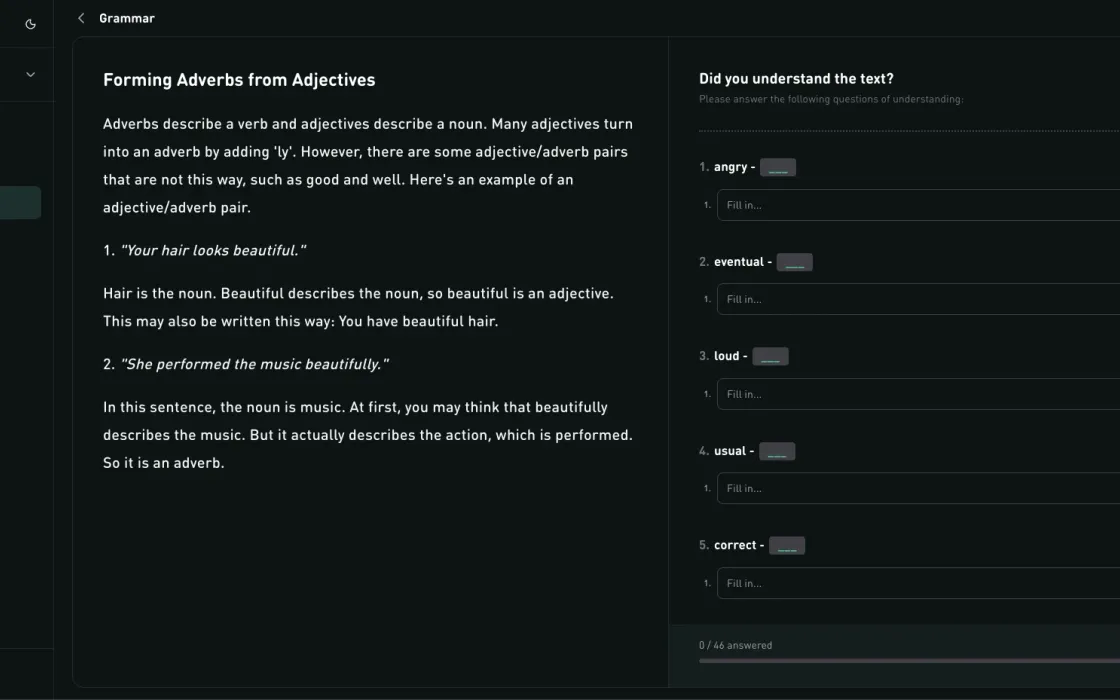 A grammar lesson in the Doralingo web app