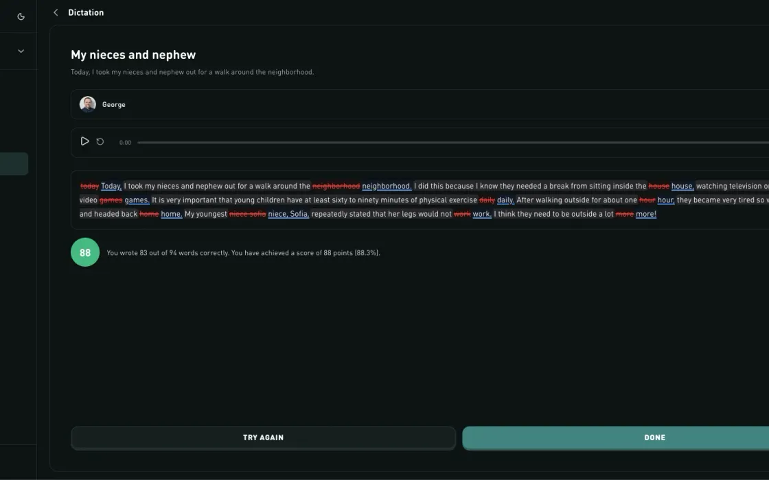 A dictation lesson in the Doralingo web app, corrected word by word