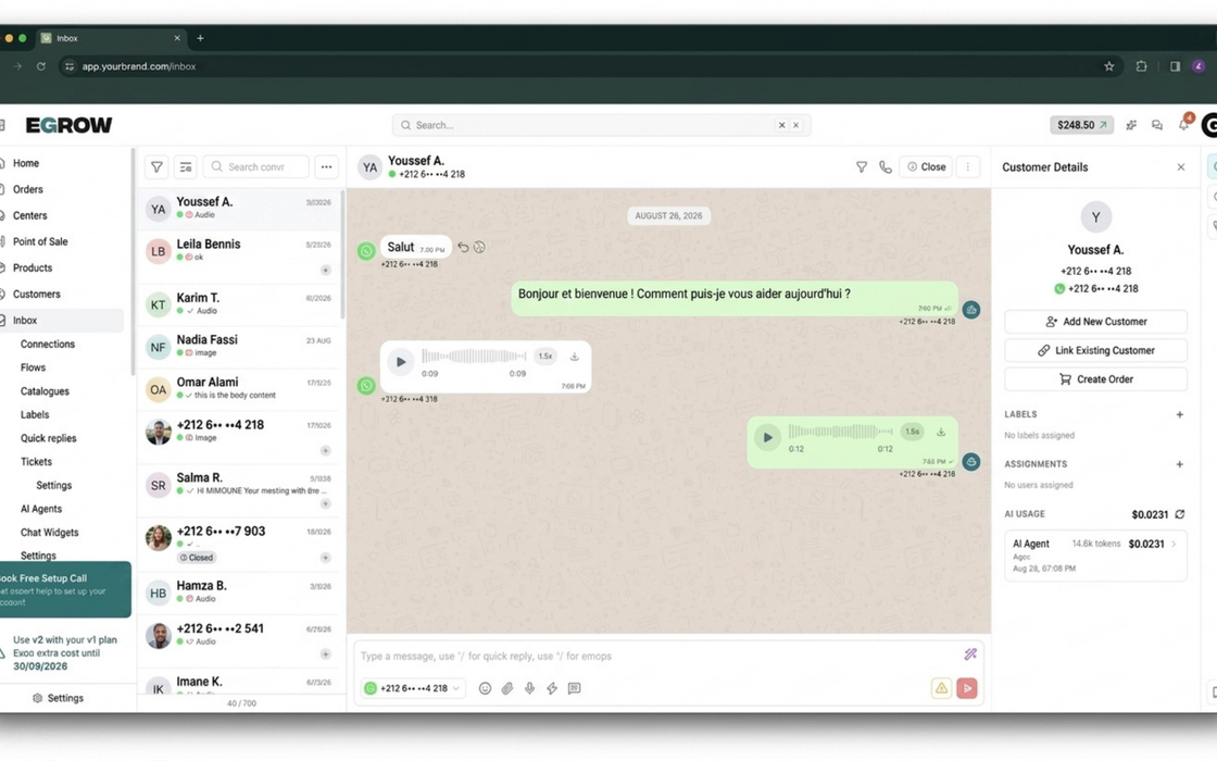 The eGrow unified inbox with WhatsApp conversations, voice notes and the customer panel