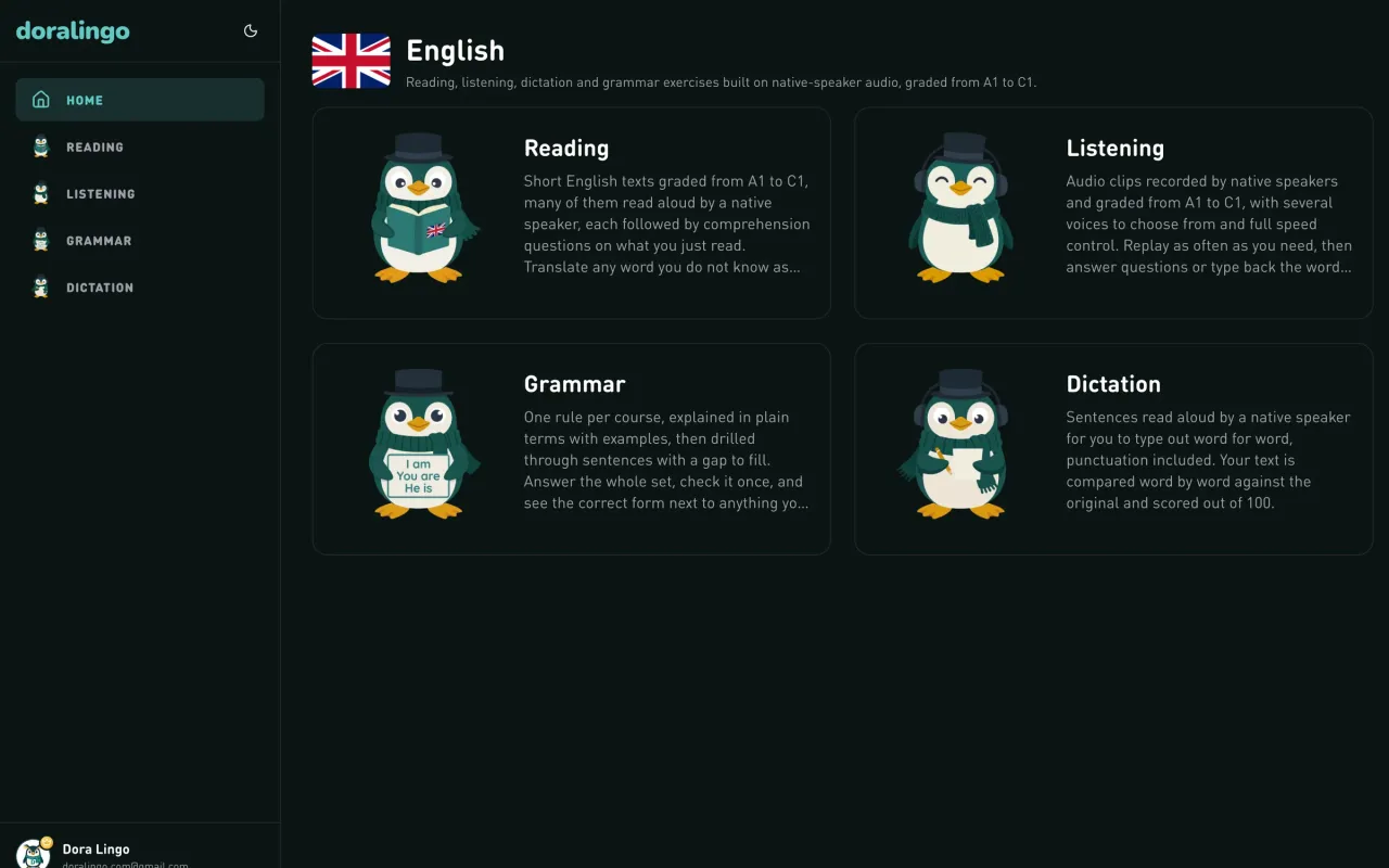 The Doralingo web app home with the four skills: reading, listening, grammar and dictation