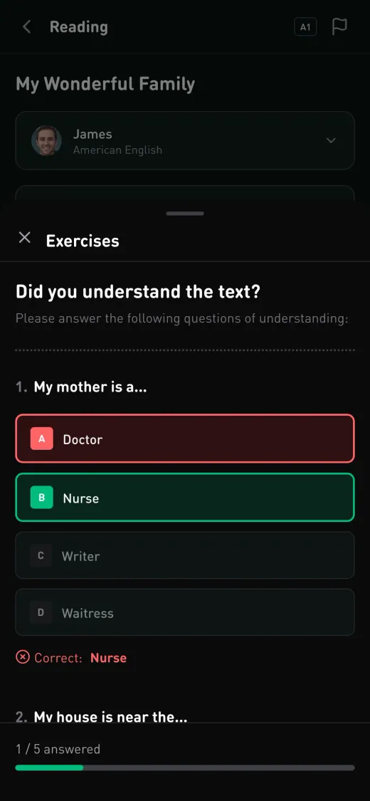 Doralingo on a phone: a wrong answer with the correction
