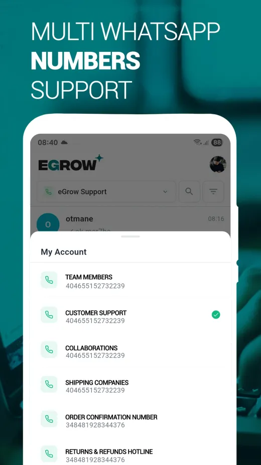 eGrow store image: switching between WhatsApp numbers