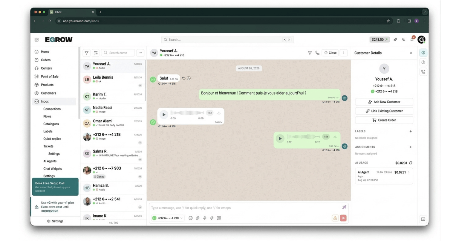 A unified inbox showing WhatsApp conversations, voice notes, customer details and a create order panel